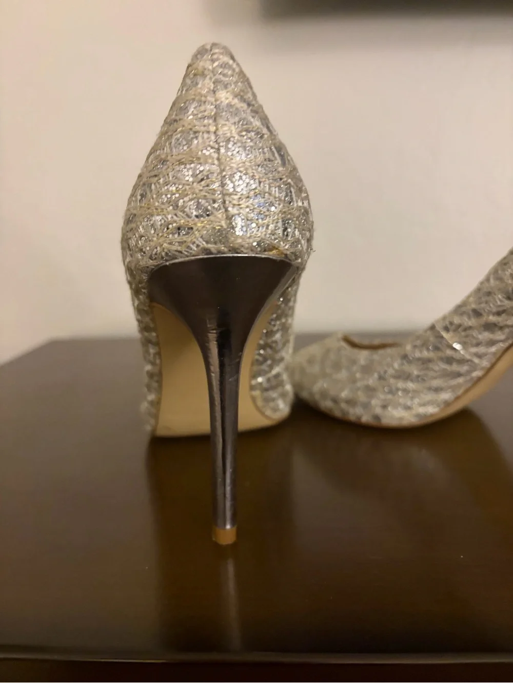 Enzo Angiolini Silver Glitter Peep-Toe Stilettos